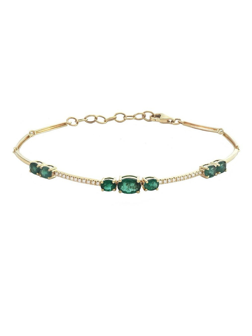 14K Real Yellow Gold Oval Prong Emerald And Diamond Bracelet 6+1″